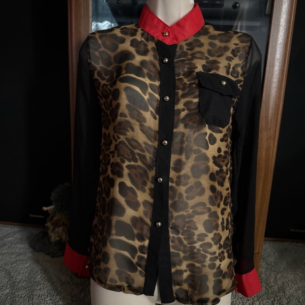 Baluke Leopard Print Blouse with Red Collar